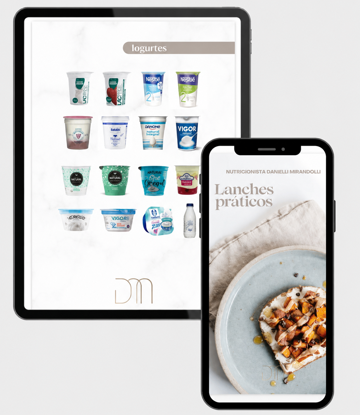 Materiais de apoio digitais da nutricionista em tablet e celular